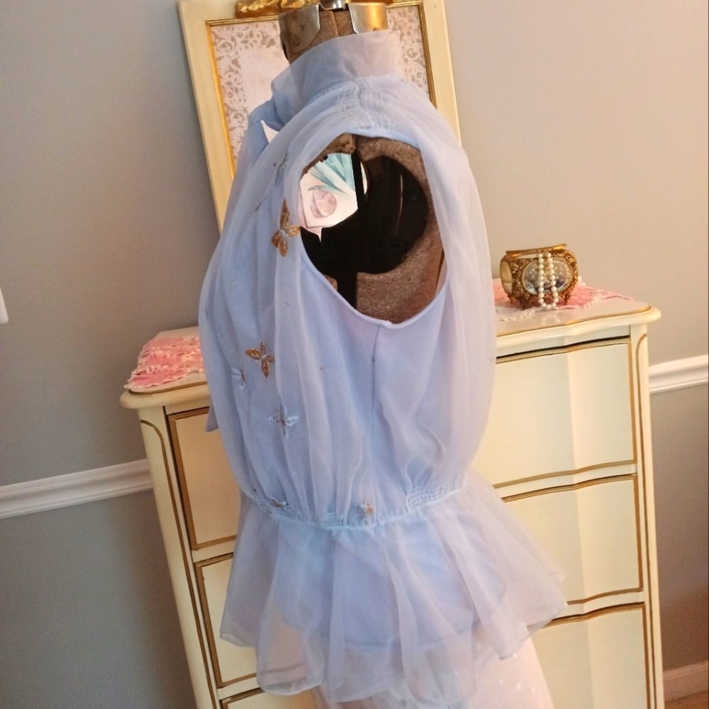 RARE, VINTAGE "EYEFUL BY THE FLAUMS" BLUE NYLON CHIFFON TOP! LIKE NEW! - Picture 6 of 17